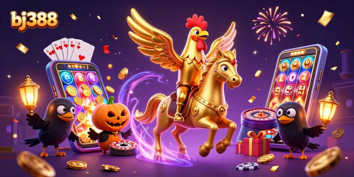 Experience the excitement of bj388 with a vibrant casino scene featuring a rooster and magical elements.