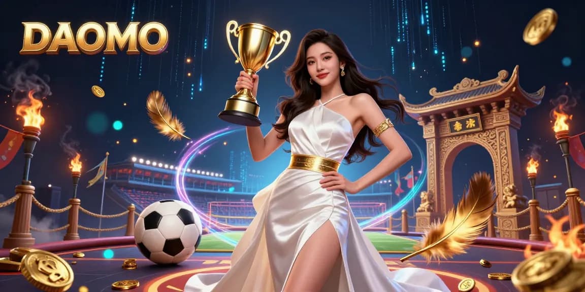 DAOMO casino illustration featuring a victorious Asian woman with a trophy amid thrilling betting elements.