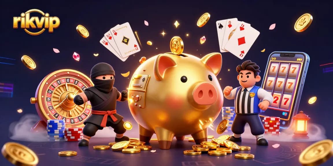 Engage with rikvip's thrilling games featuring a golden sumo wrestler and dynamic casino elements.