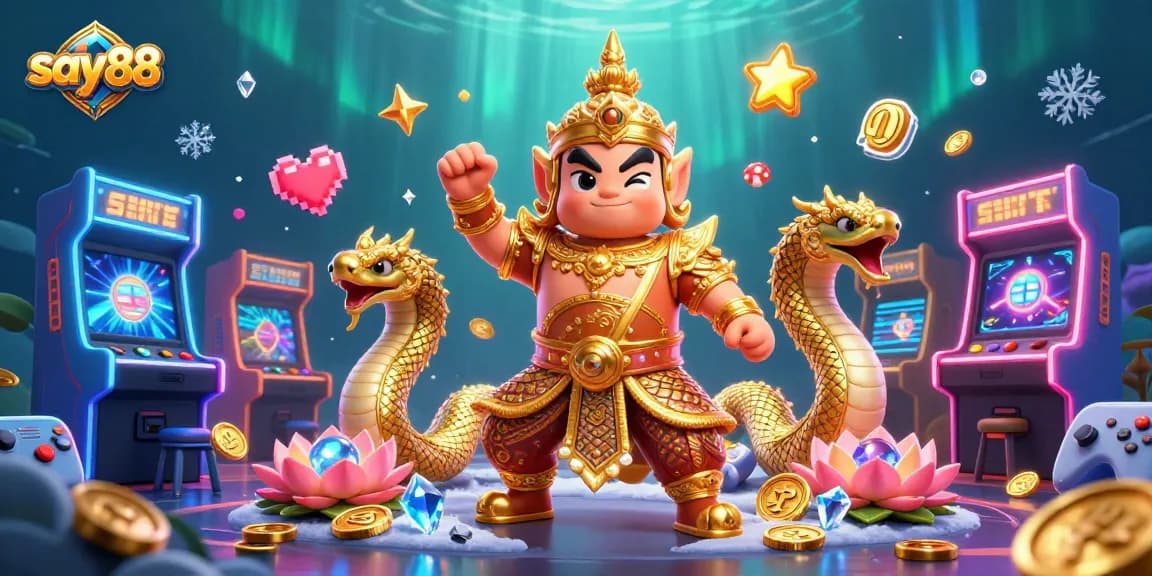 Spin the reels and win at say88, featuring vibrant casino elements and entertaining characters in a dazzling environment.