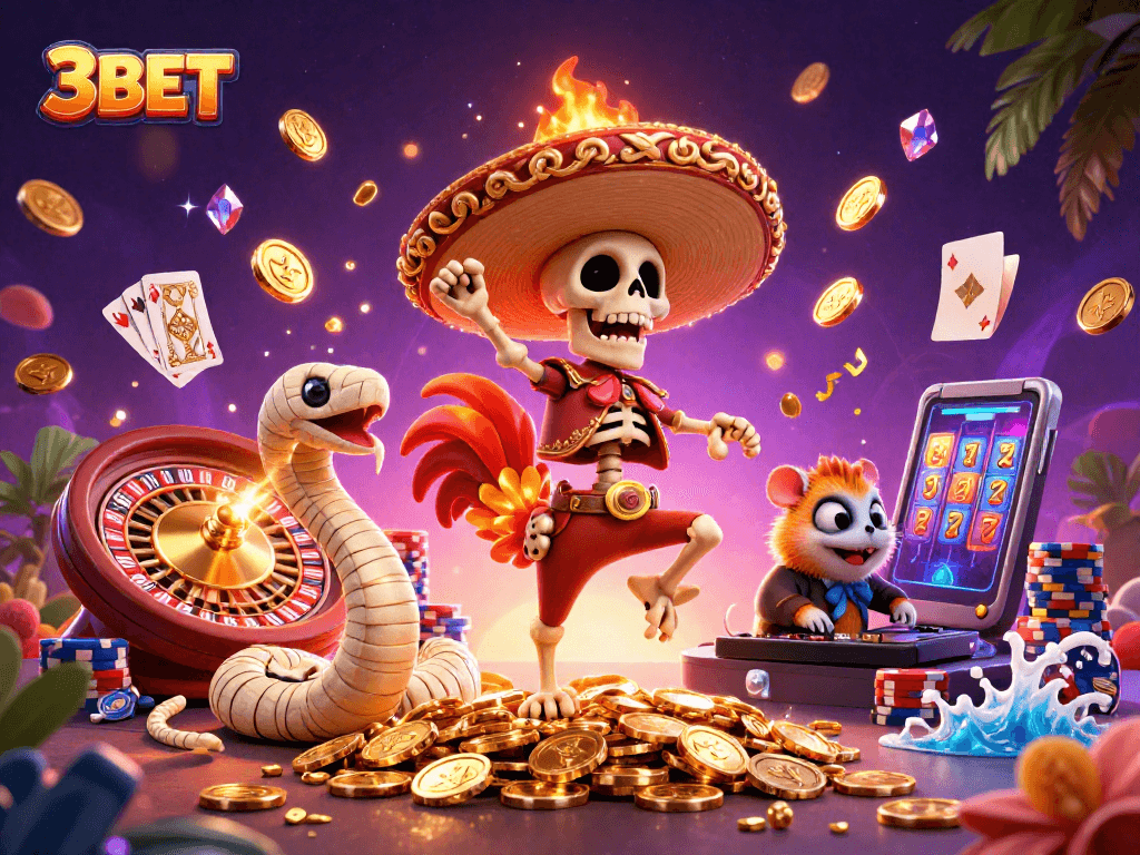 Celebrate wins with 3BET's vibrant casino scene featuring dynamic characters and rich gaming elements.