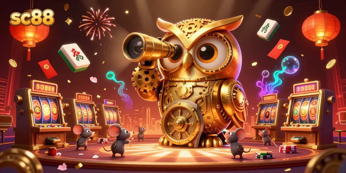 Engage in thrilling casino gameplay at SC88 with a vibrant 3D dynamic illustration showcasing an enchanting owl, slot machines, and festive elements.