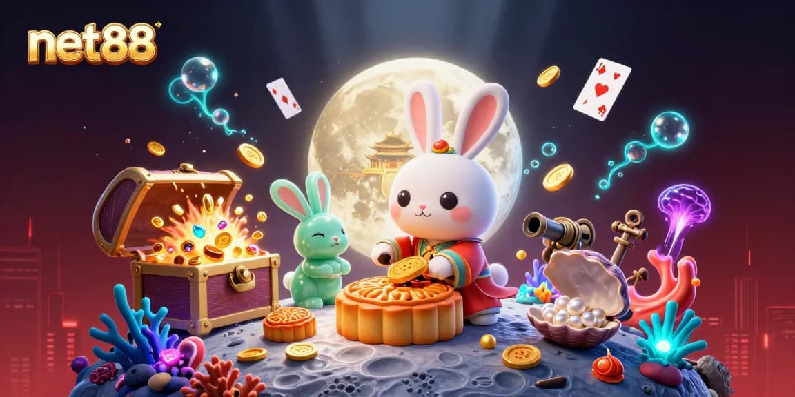 Discover the thrilling net88 experience with a vibrant 3D illustration of a moon rabbit and casino themes.