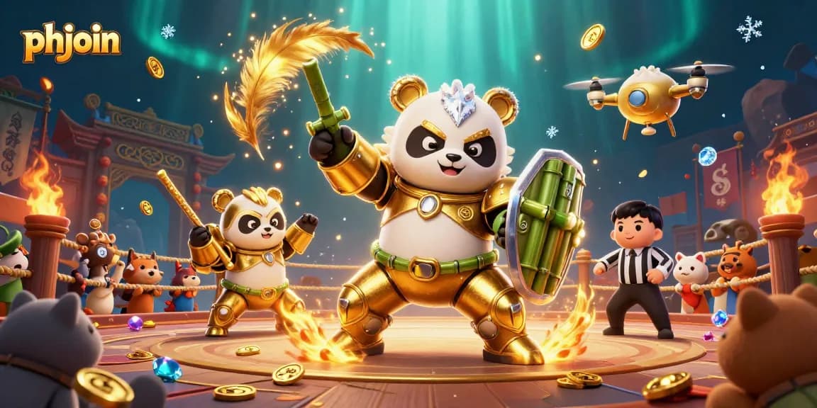 Engage in thrilling betting strategies at phjoin with a dynamic 3D gambling arena scene featuring a golden panda.
