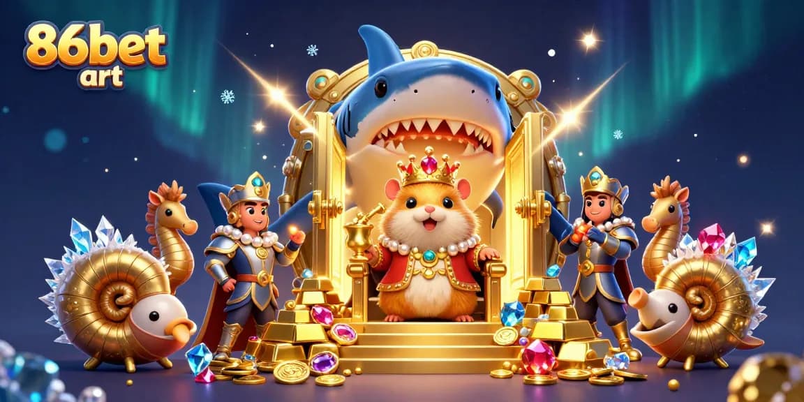Experience the thrill of 86bet art's captivating casino scene featuring treasures and characters.