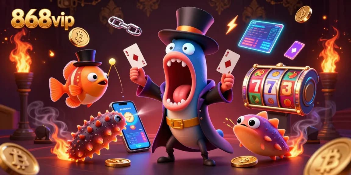 Engage with 868vip's immersive 3D illustration of a magic show featuring casino-themed sea characters.