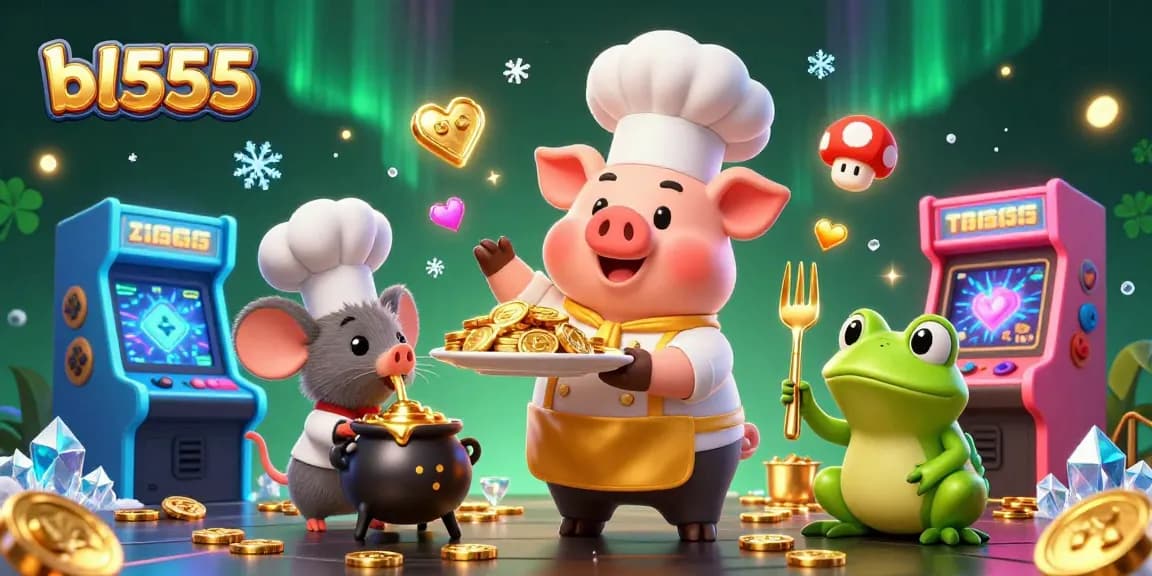 Experience thrilling gaming fun at BL555 with a lively scene showcasing a chef pig and friends serving gold coins.