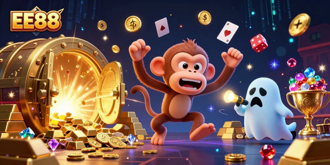 Experience the thrill of EE88 with a playful poltergeist monkey juggling golden treasures in a vibrant casino scene.