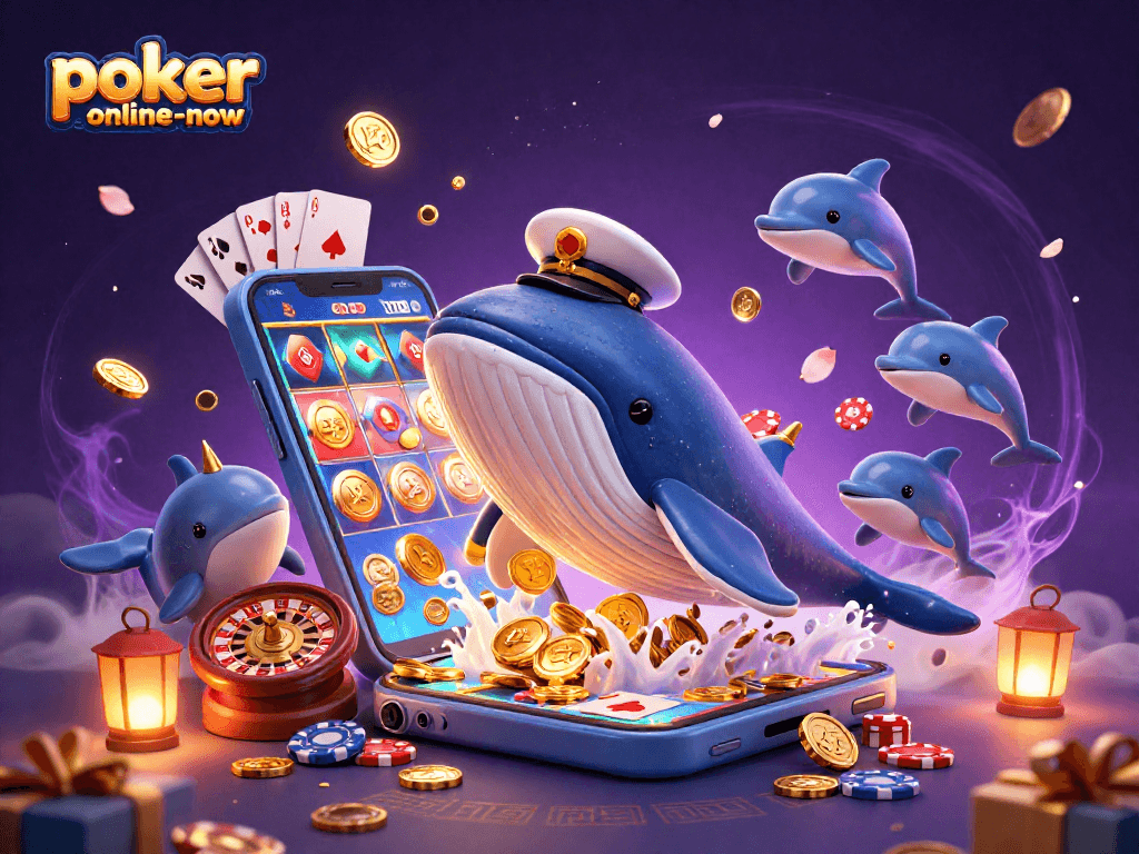 Engage with exciting poker games at poker-online-now, featuring thrilling characters amidst coins and cards.