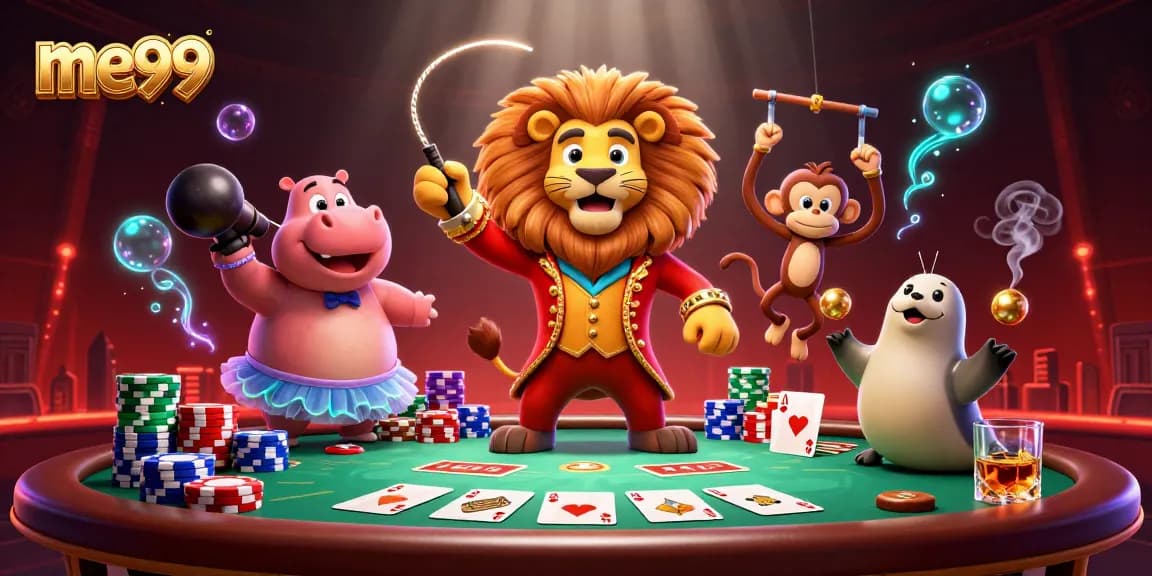 me99 casino scene with cartoon lion, hippo, monkey, and seal surrounded by poker elements