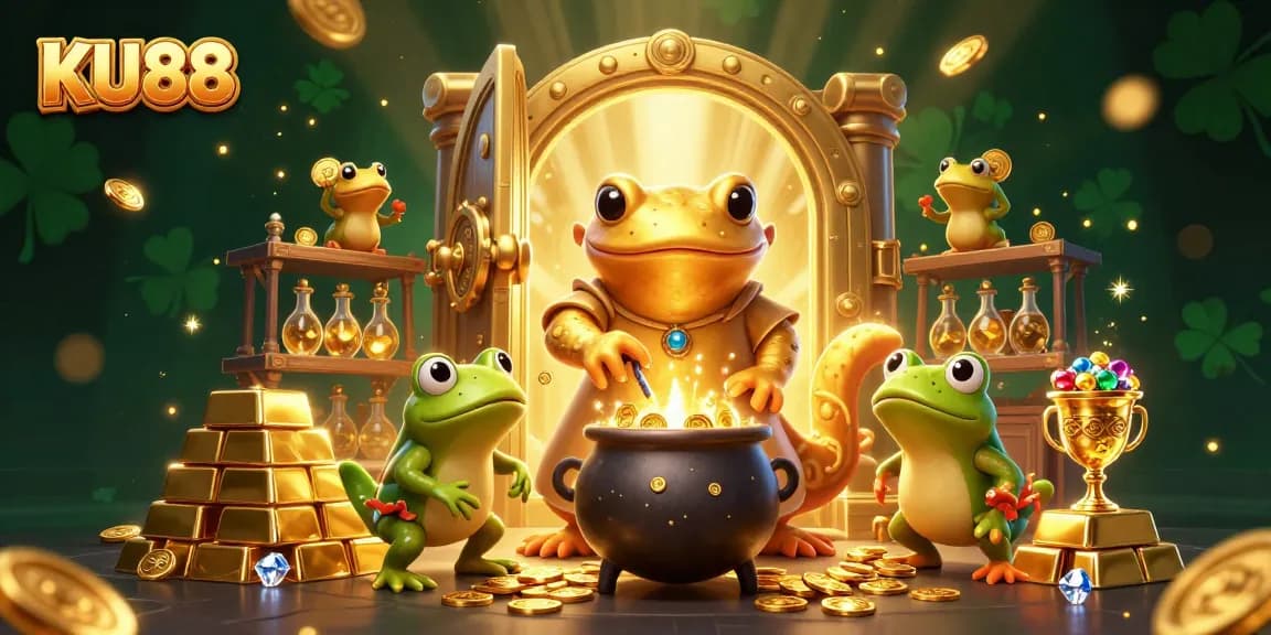 Experience the magic of KU88 as a golden salamander alchemist conjures riches in a lively casino scene.