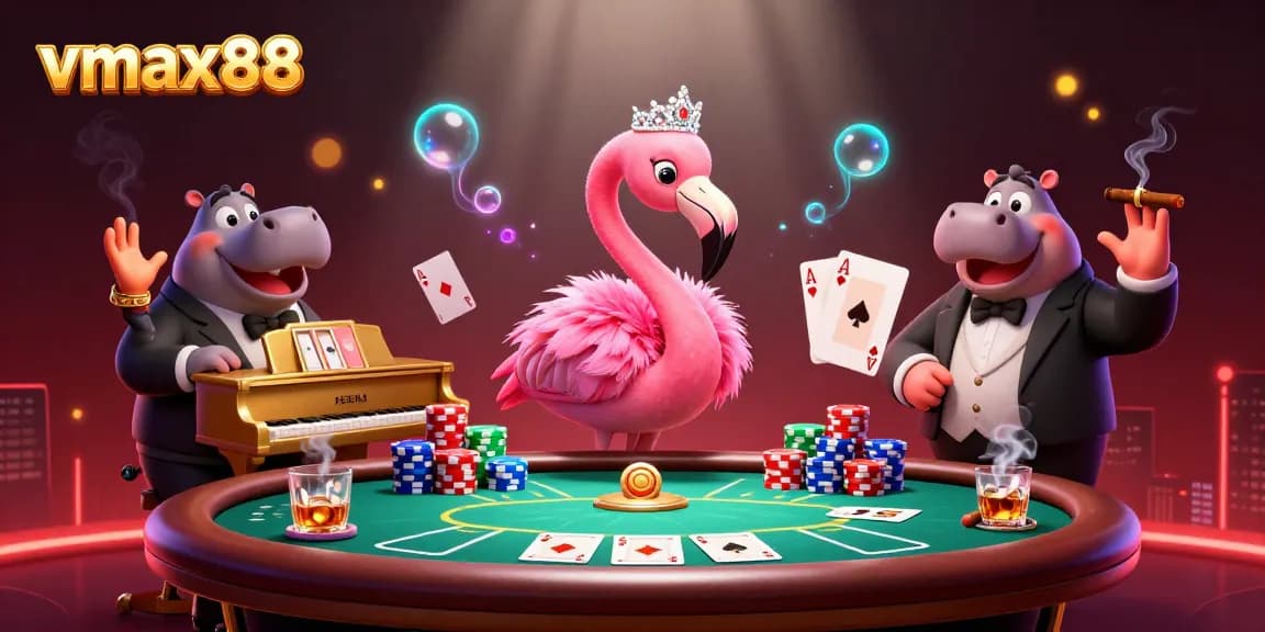 Experience vmax88 thrilling gaming action with vibrant characters and rich casino elements in this lively illustration.