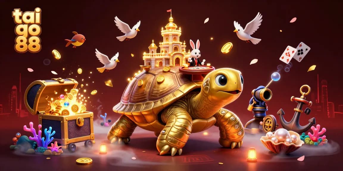 Experience the thrill of tai go 88 with a vibrant 3D casino scene featuring a golden tortoise and a dealer.