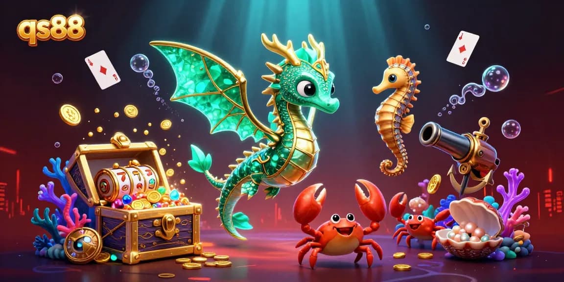 Engage with qs88's thrilling underwater treasure experience with a majestic dragon and royal seahorse.