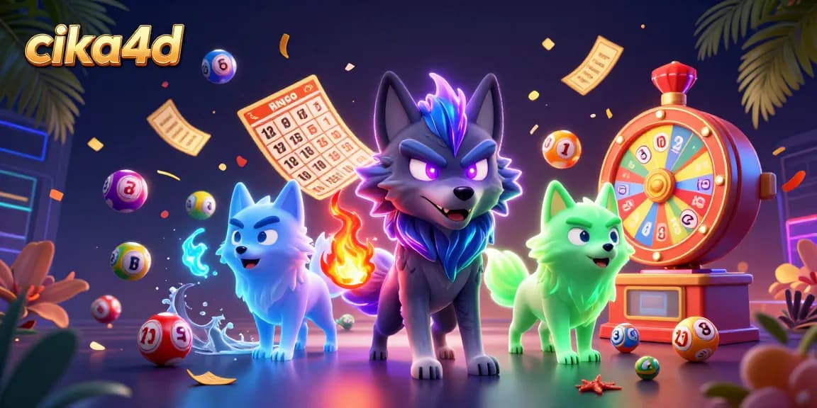 Cika4d's ghostly wolf pack leader and companions celebrate with dynamic lottery elements in a vibrant casino-themed scene.