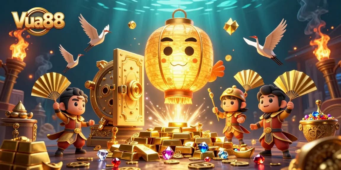 Engage with Vua88's dynamic casino scene filled with golden treasures and animated characters.