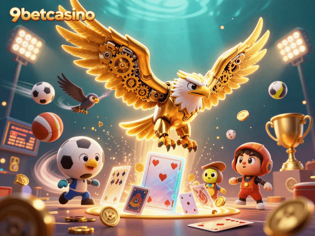 Engage with 9betcasino as the golden eagle dives through vibrant holographic cards and sports elements.