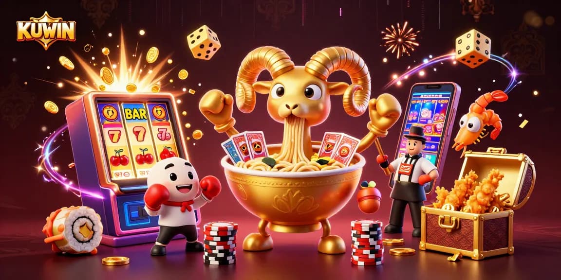 Win big with KUWIN at the vibrant casino scene featuring dynamic characters and exciting game elements.