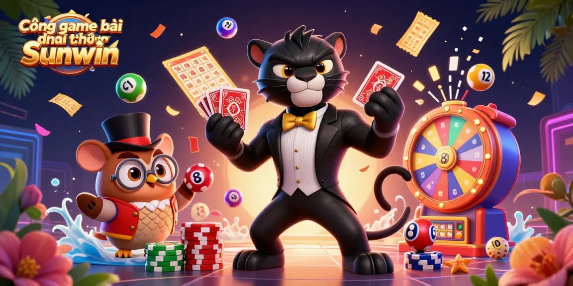 Cổng game bài đổi thưởng Sunwin engaging scene with cartoon characters, vibrant game elements, and colorful lottery balls