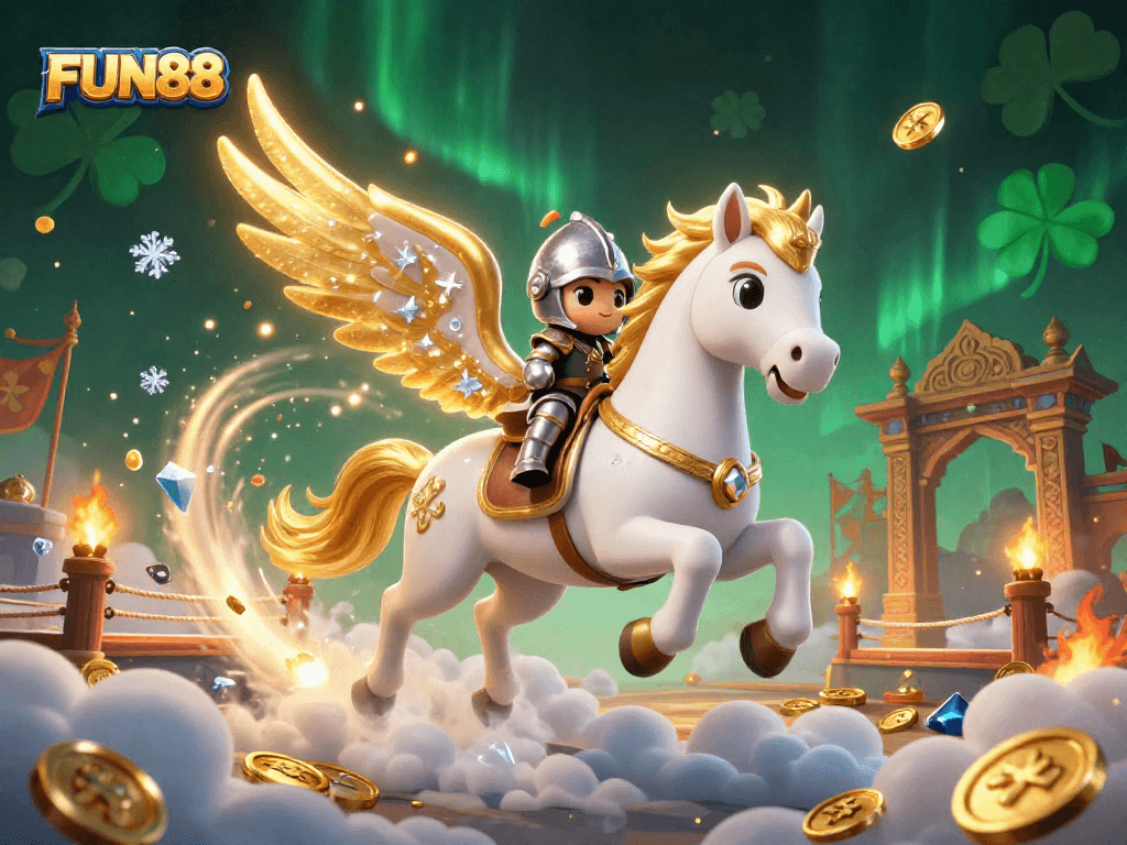 Experience excitement at FUN88 with a celestial horse and knight in a vibrant casino scene.