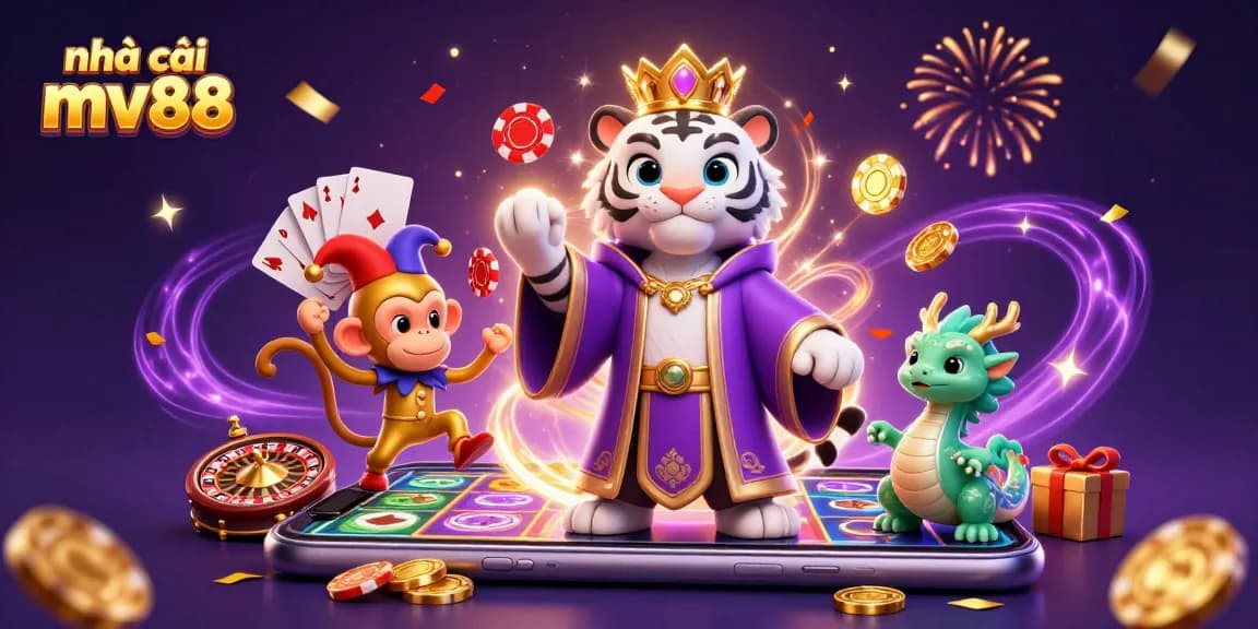 Experience the excitement with nhà cái mv88 as a majestic white tiger and golden monkey animate your gaming adventure amid vibrant casino elements.