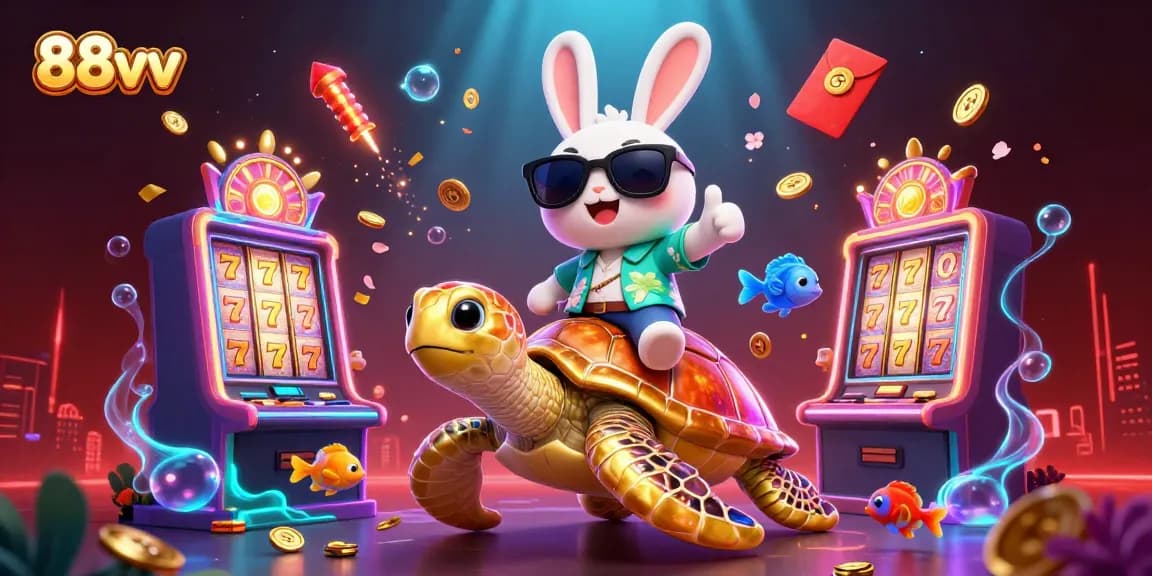 88vv presents an exciting scene with a lucky rabbit and golden turtle in a vibrant slot game environment.