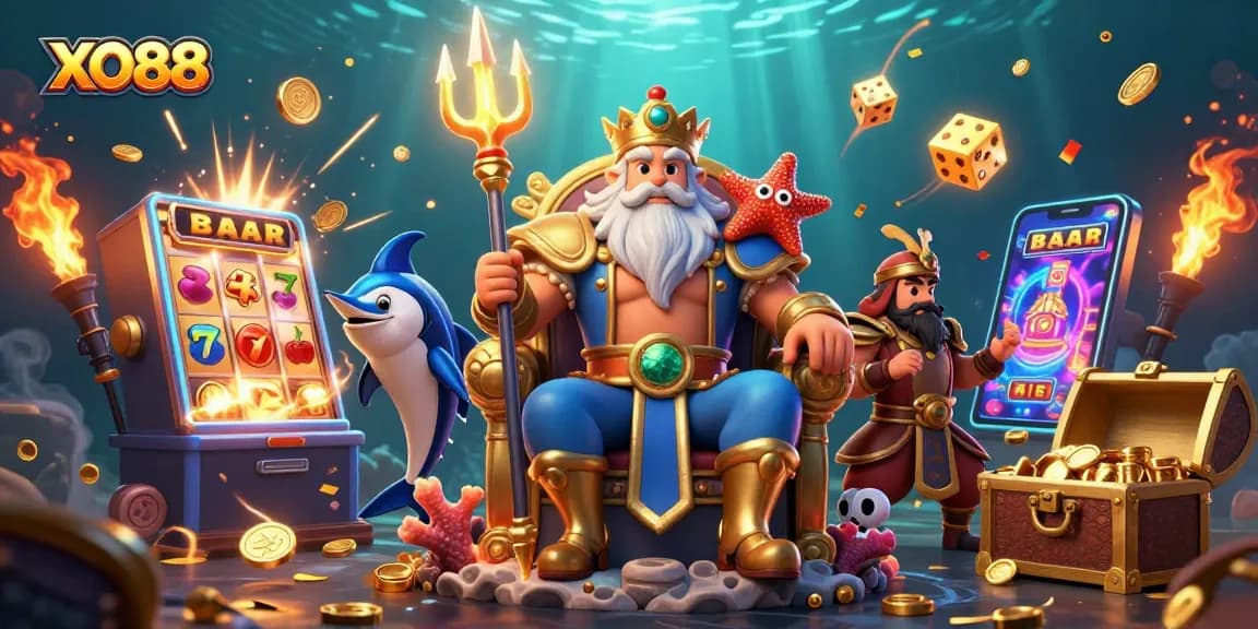 Experience the excitement of XO88 with dynamic casino action featuring a 3D cartoon Neptune and vibrant game elements.