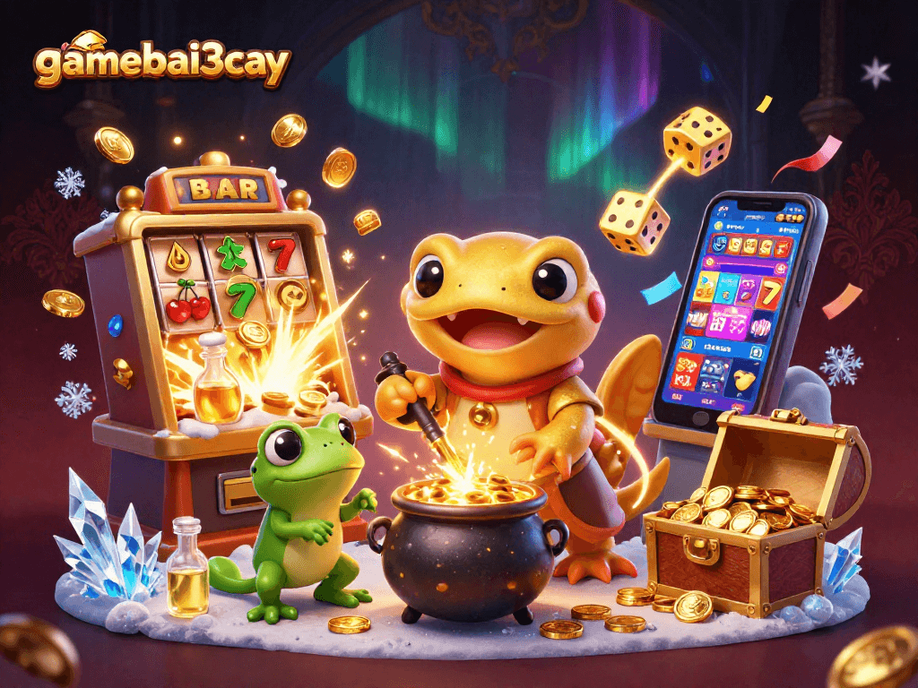 gamebai3cay unleashes a vibrant casino scene with a golden salamander and rich game elements.
