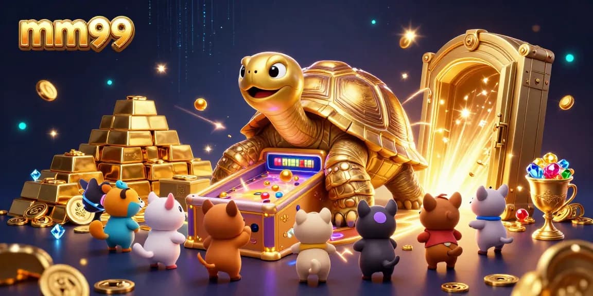 Experience epic wins at mm99 with a colossal golden tortoise pinball machine bursting with treasures.