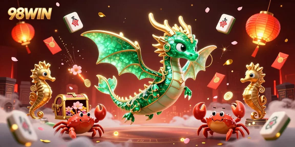 Engage with the 98WIN gaming adventure featuring a magic sea dragon amidst vibrant casino elements.