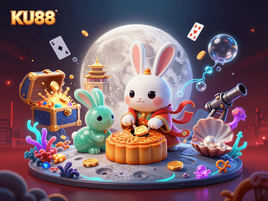 Experience thrilling gaming at KU88, where the moon rabbit reveals poker chips among treasure in a vibrant scene.