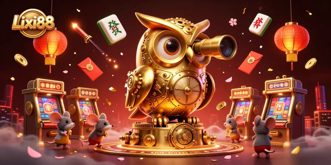 Lixi88 players enjoy a vibrant casino scene with a golden owl and lively mouse patrons amid slot machines.