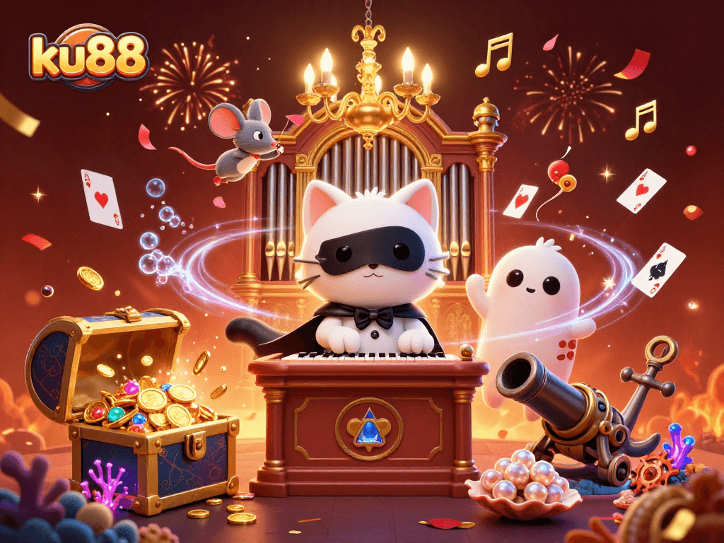 ku88 players engaging with vibrant casino elements in an exciting 3D illustration filled with action