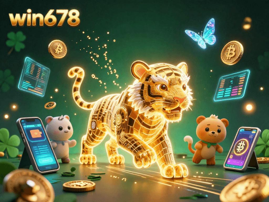 Win678's neon tiger and crypto coins create an immersive casino atmosphere.