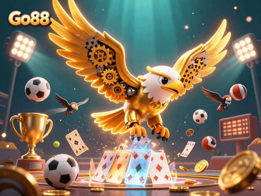 Experience thrilling action with Go88 as the golden eagle dives through playing cards amidst vibrant sports elements.