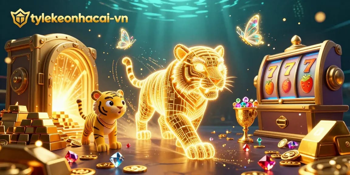 Experience the thrill of tylekeonhacai-vn's digital casino with a magnificent golden tiger and dazzling treasures.