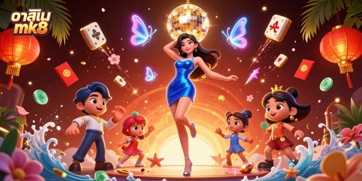 Experience the excitement of คาสิโน mk8 with a vibrant 3D illustration showcasing neon lights and dynamic gaming elements.