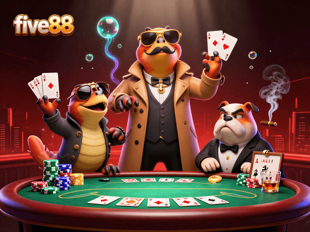 Experience the excitement of five88 with three raptors in a trench coat at a vibrant casino scene.
