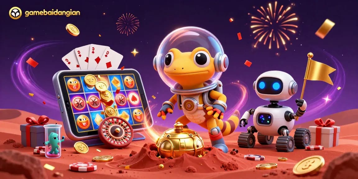 Experience gamebaidangian's thrilling casino adventures with a gecko and alien characters in a vibrant, playful scene.