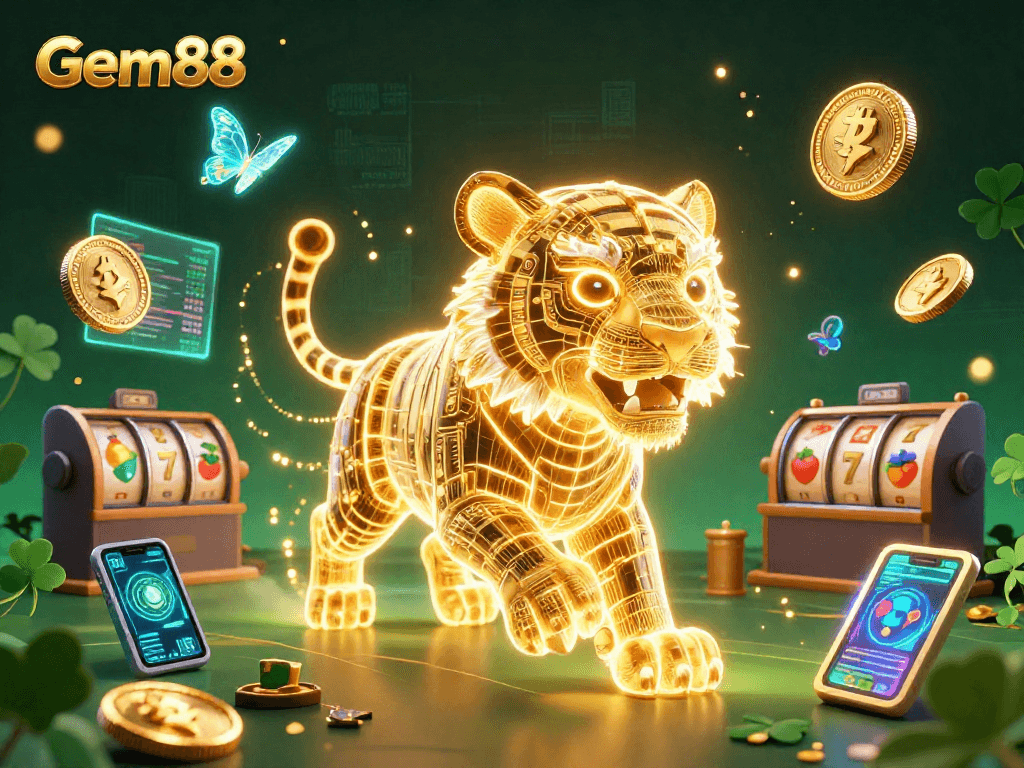 Experience Gem88 in vibrant 3D, featuring a neon tiger and crypto themes amidst a lively casino.