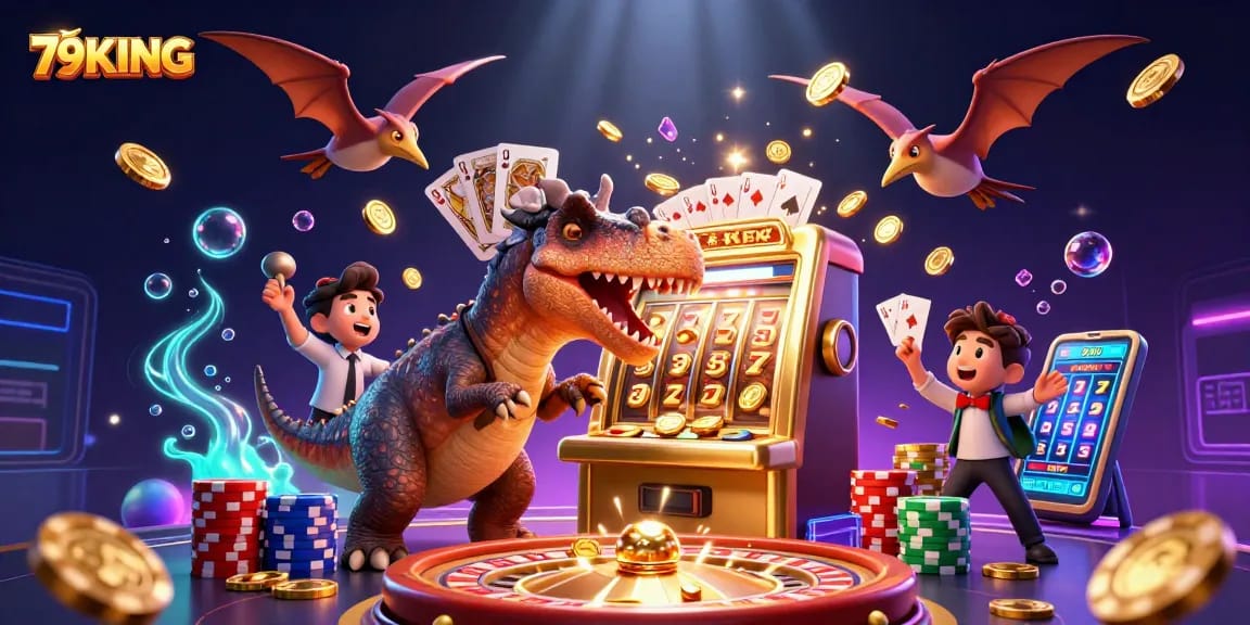 Engage with thrilling jackpots at 79KING as the dinosaur mascot celebrates winning coins.