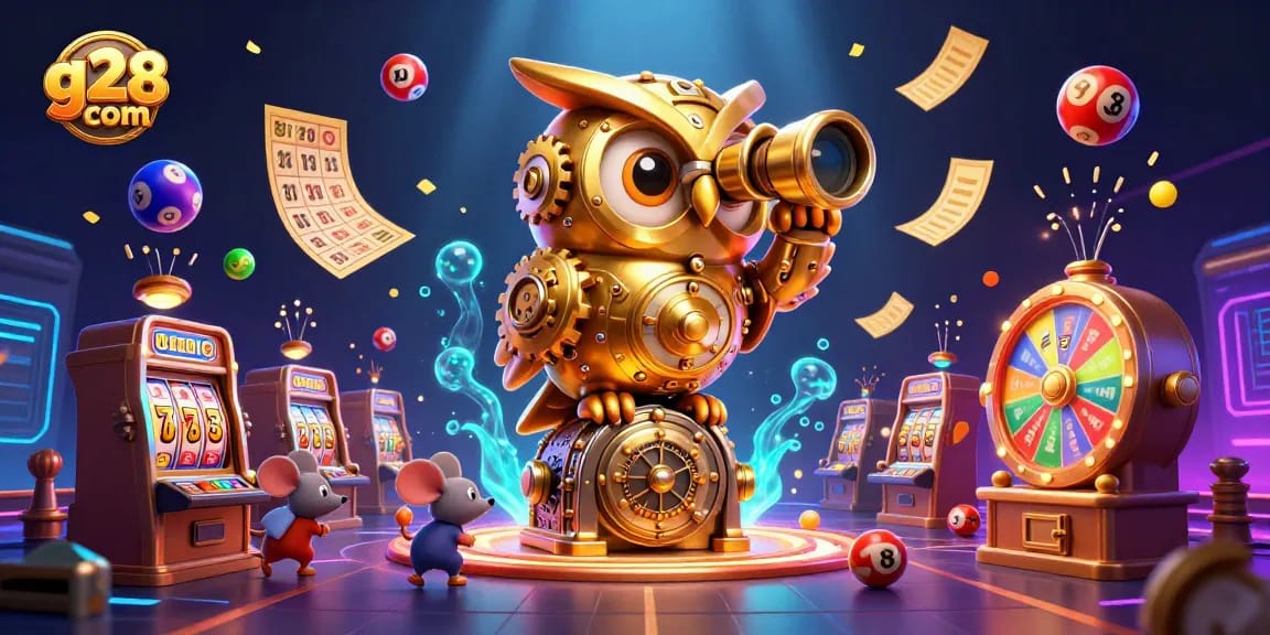 Engage with g28 com's vibrant gaming world featuring golden owls, lively slots, and dynamic prize elements.