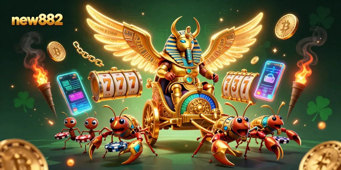 Experience thrilling slots and jackpots with new882 in this vibrant 3D casino scene.