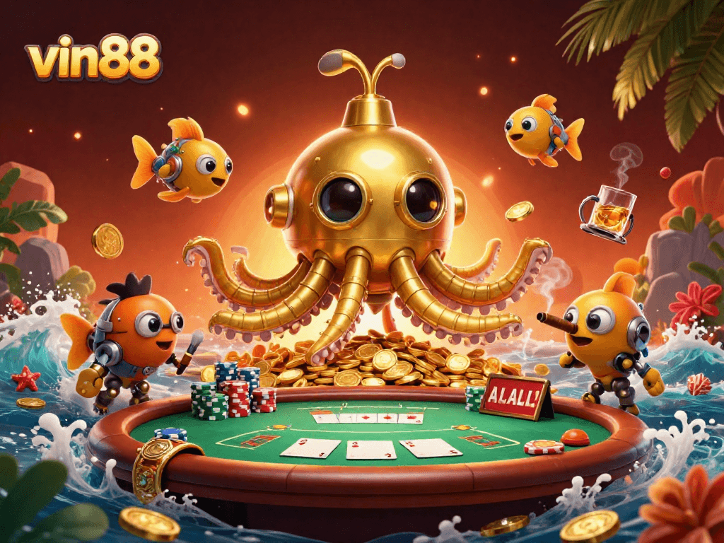 Engage with vin88's exciting gaming experience in a vibrant 3D casino illustration.