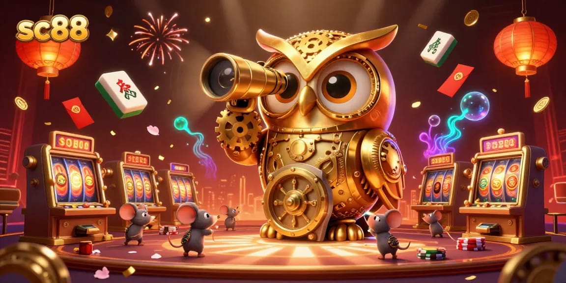 Engage in thrilling casino gameplay at SC88 with a vibrant 3D dynamic illustration showcasing an enchanting owl, slot machines, and festive elements.
