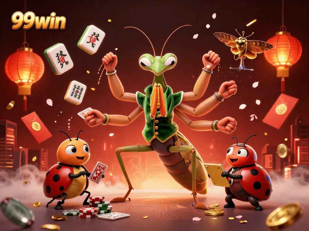 Engage with 99win in a vibrant 3D casino illustration featuring playful characters and gambling elements.