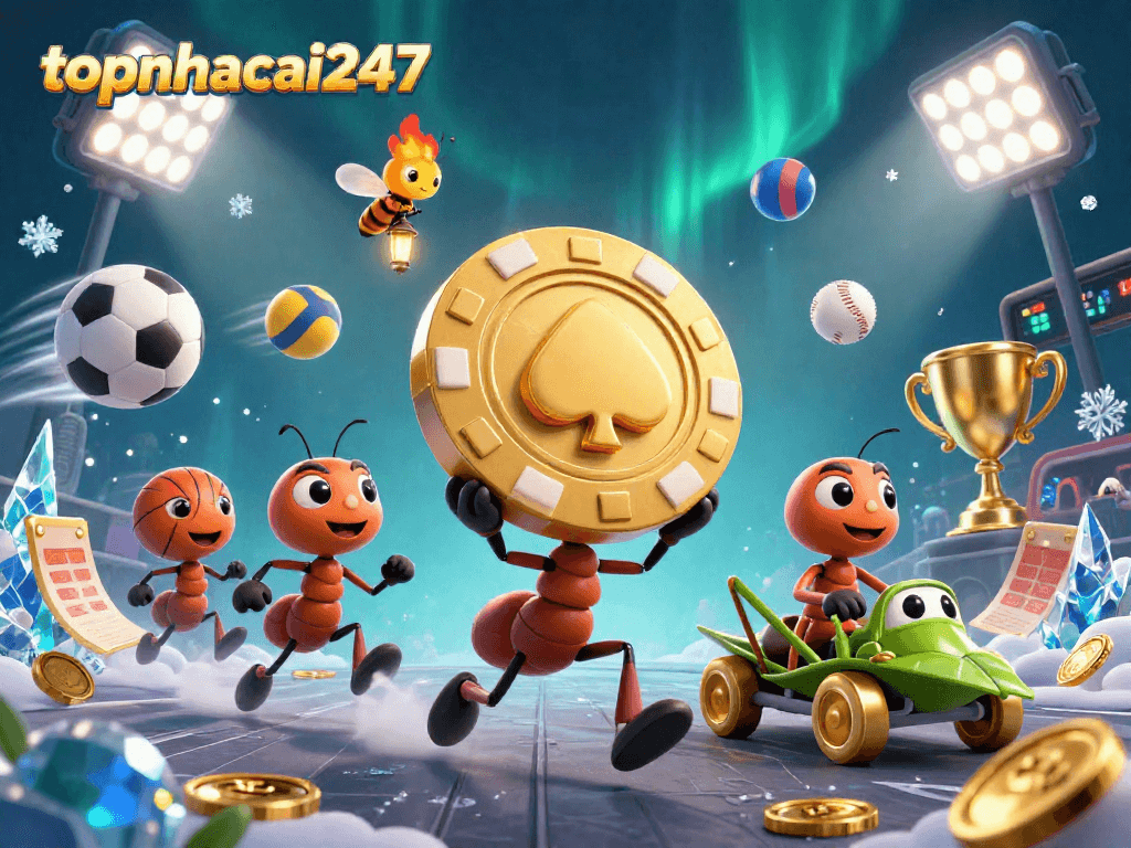 Engage with topnhacai247 as a team of cartoon ants carries a giant poker chip through a tunnel in this vibrant casino scene.