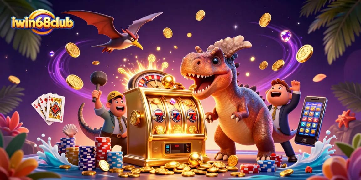 Win big at iwin68club while the pachycephalosaurus celebrates a jackpot, surrounded by casino excitement.