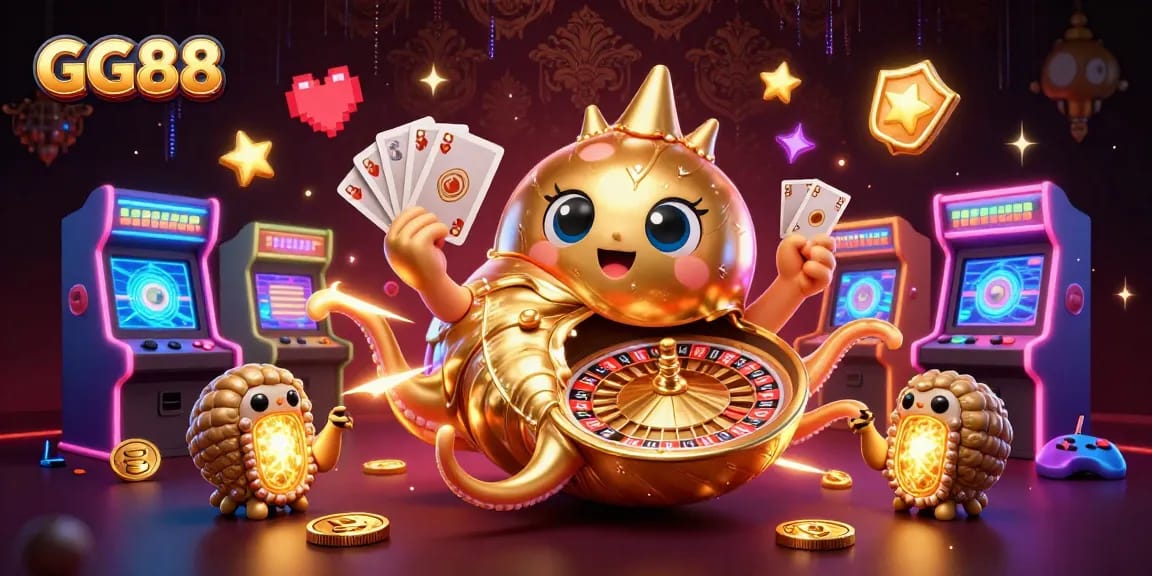 Engage with GG88's vibrant 3D casino scene featuring a gigantic nautilus roulette and glowing game elements.