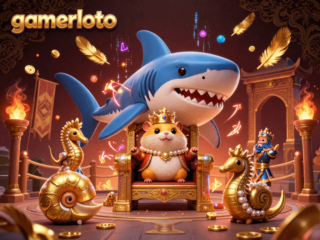 Experience the thrilling vibe of gamerloto with a fierce golden hamster king amidst vibrant casino elements.